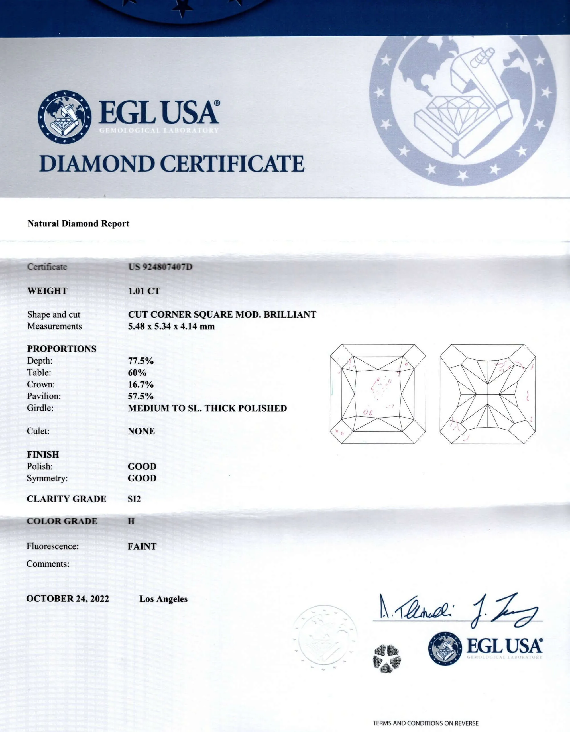 1 CARAT CERTIFIED H SI2 EXCELLENT RADIANT CUT DIAMOND SQUARE LOOSE NATURAL 1ct