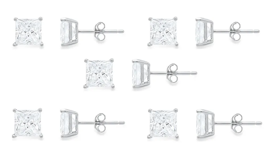 10k White Gold Plated Created White Sapphire 4Ct Princess Cut Set Of Five Stud Earrings
