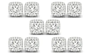 14k White Gold 1Ct Cushion Cut White Sapphire Set Of Five Halo Stud Earrings Plated