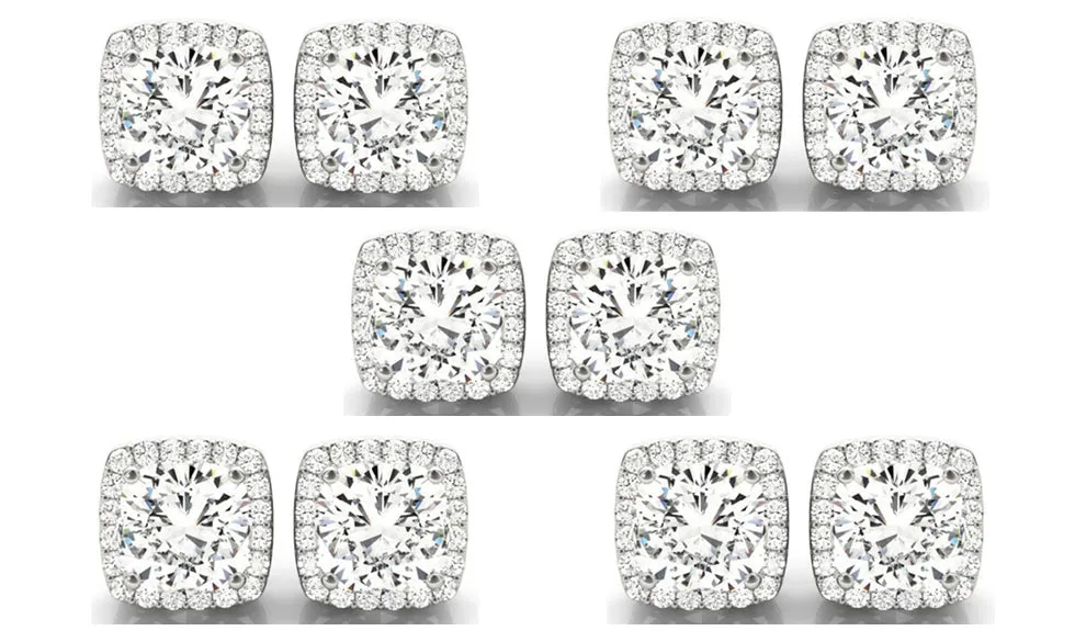 14k White Gold 1Ct Cushion Cut White Sapphire Set Of Five Halo Stud Earrings Plated