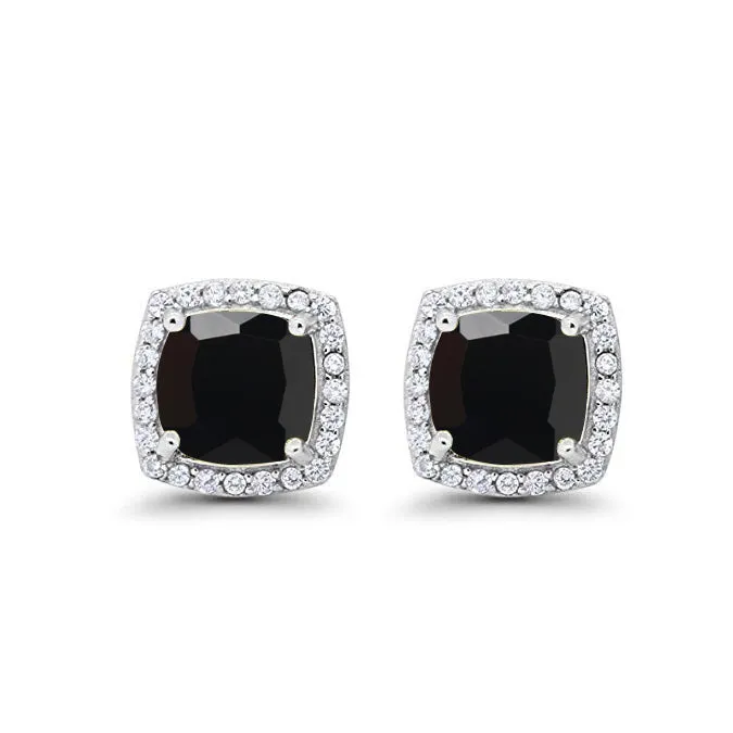 14k White Gold Plated 1 Ct Created Halo Princess Cut Black Sapphire Stud Earrings
