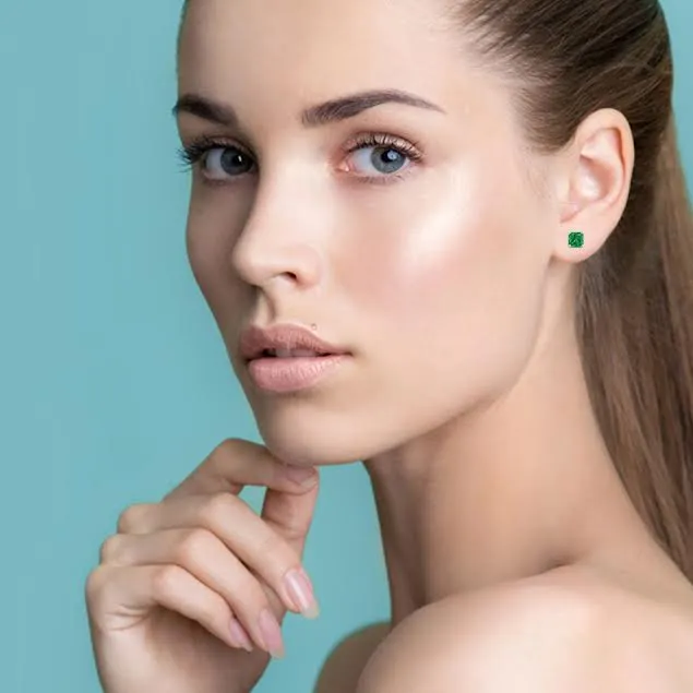 14k White Gold Plated 1 Ct Princess Cut Created Emerald Stud Earrings