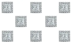 14k White Gold Plated 1/2Ct Princess Cut White Sapphire Set of Four Halo Stud Earrings