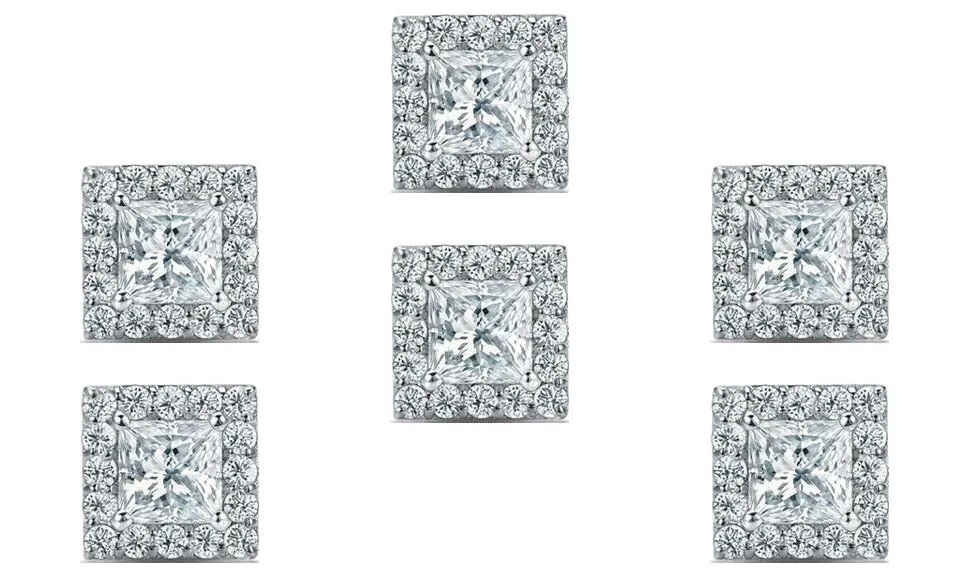 14k White Gold Plated 1/2Ct Princess Cut White Sapphire Set of Three Halo Stud Earrings