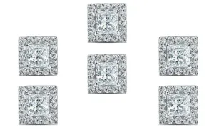 14k White Gold Plated 1/2Ct Princess Cut White Sapphire Set of Three Halo Stud Earrings