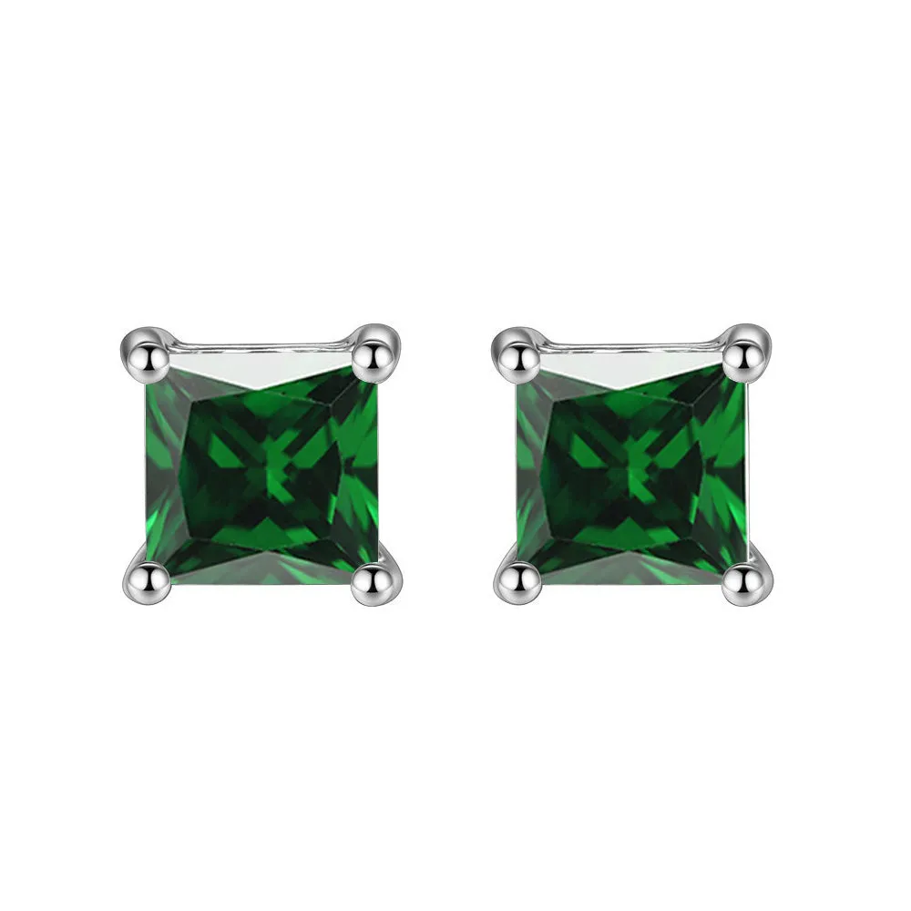 14k White Gold Plated 2 Ct Square Created Emerald Stud Earrings