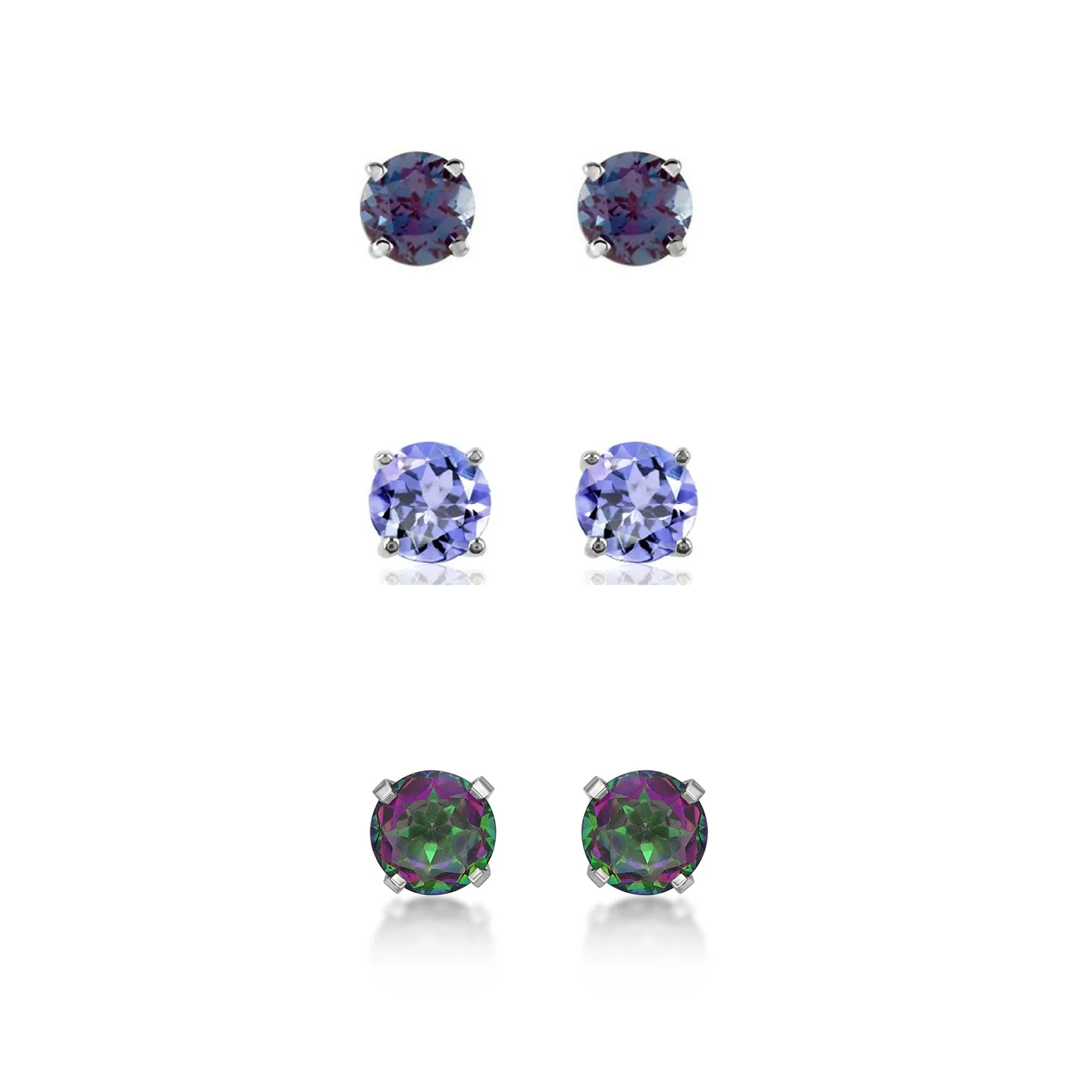 14k White Gold Plated 2Ct Created Alexandrite, Tanzanite and Mystic Topaz 3 Pair Round Stud Earrings