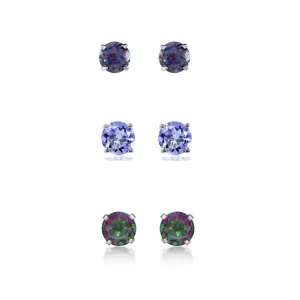 14k White Gold Plated 2Ct Created Alexandrite, Tanzanite and Mystic Topaz 3 Pair Round Stud Earrings