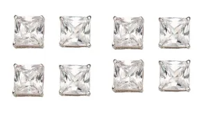 14k White Gold Plated 4mm 1Ct Square Cut White Sapphire Set Of Four Stud Earrings