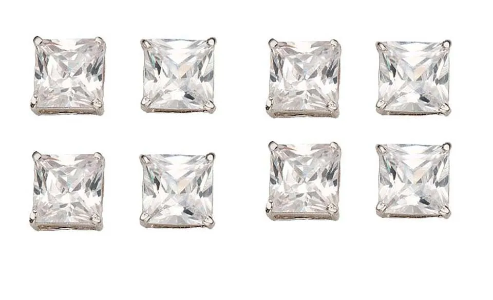 14k White Gold Plated 4mm 1Ct Square Cut White Sapphire Set Of Four Stud Earrings