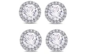 14k White Gold Plated 6mm 2Ct Round White Sapphire Set Of Two Halo Stud Earrings