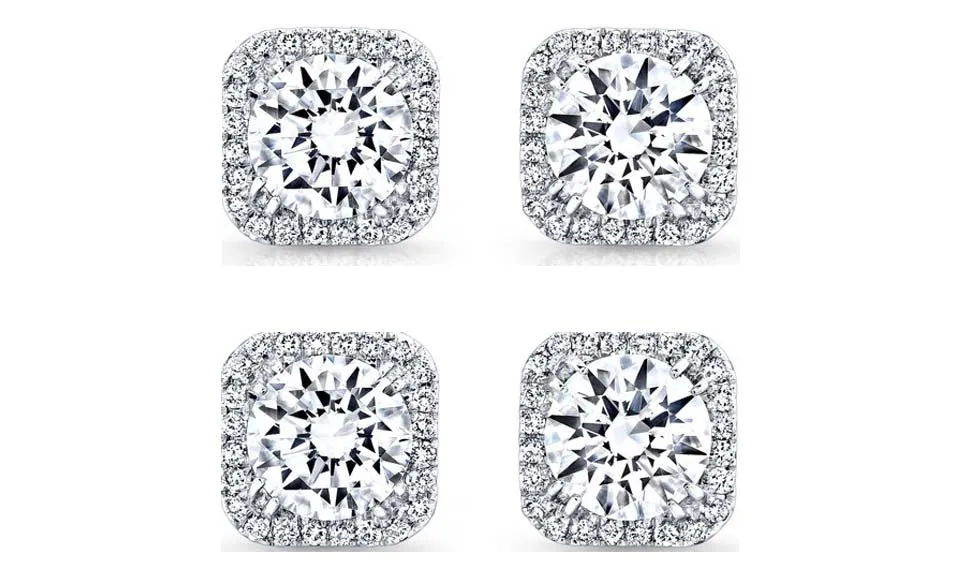 14k White Gold Plated 6mm 3Ct Square Cut White Sapphire Set of Two Halo Stud Earrings