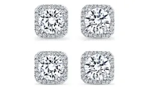 14k White Gold Plated 6mm 3Ct Square Cut White Sapphire Set of Two Halo Stud Earrings