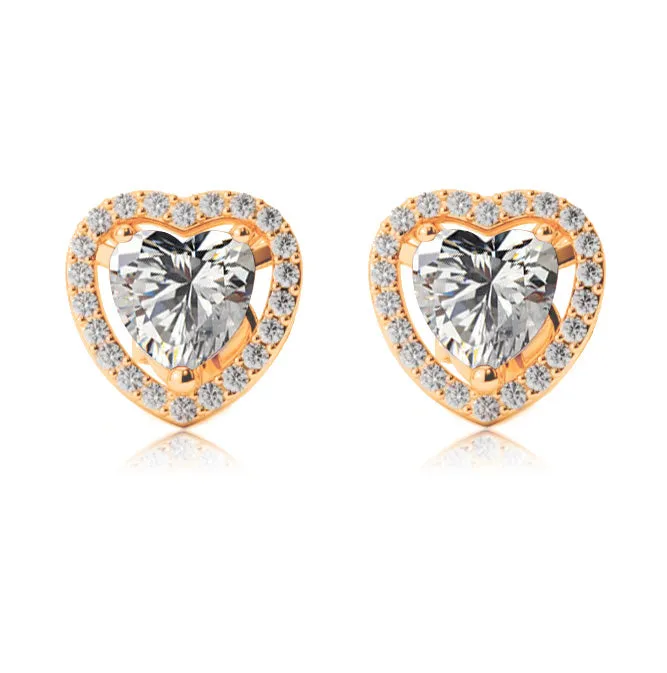 14k Yellow Gold Plated 1/2 Ct Created Halo Heart White Sapphire Stud Earrings
