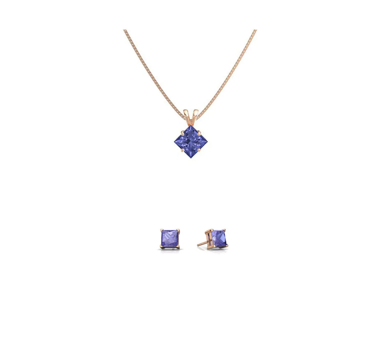18K Rose Gold 2ct Tanzanite Square 18 Inch Necklace and Earrings Set Plated