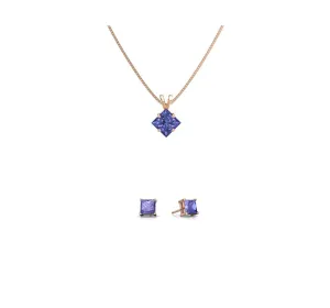18K Rose Gold 2ct Tanzanite Square 18 Inch Necklace and Earrings Set Plated