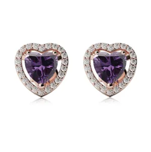 18k Rose Gold Plated 4 Ct Created Halo Heart Amethyst Stud Earrings