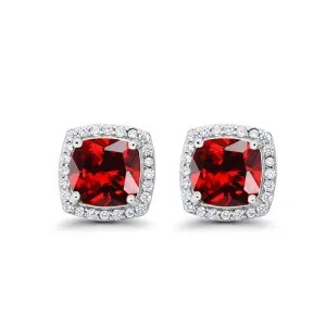 18k White Gold Plated 1/2 Ct Created Halo Princess Cut Garnet Stud Earrings