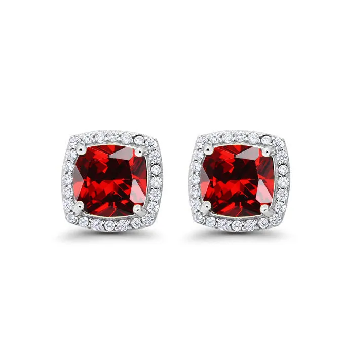 18k White Gold Plated 1/2 Ct Created Halo Princess Cut Garnet Stud Earrings