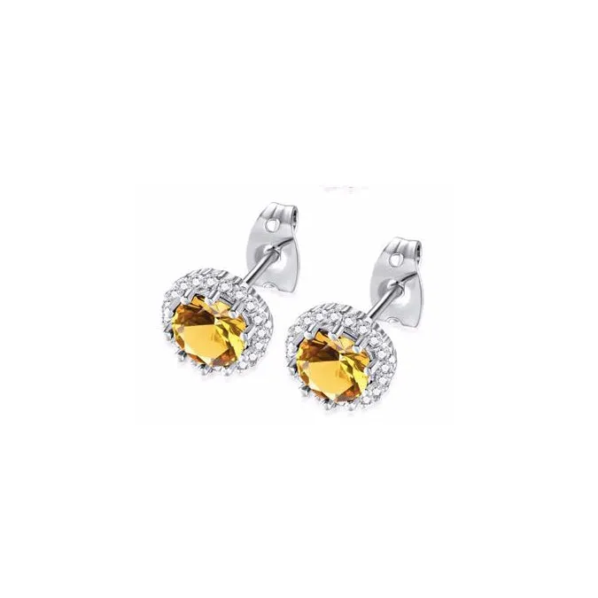 18k White Gold Plated 1/2 Ct Created Halo Round Citrine Stud Earrings