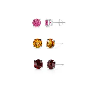 18k White Gold Plated 1Ct Created Pink Sapphire, Citrine and Garnet 3 Pair Round Stud Earrings