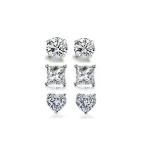 18k White Gold Plated 1Cttw 7mm Created White Sapphire 3 Pair Round, Square and Heart Stud Earrings