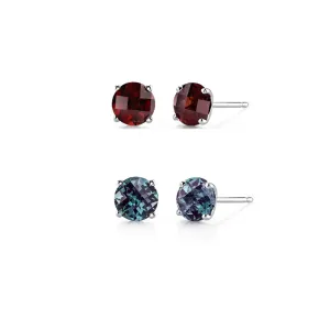 18k White Gold Plated 2Ct Created Garnet and Alexandrite 2 Pair Round Stud Earrings
