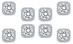 18k White Gold Plated 4Ct Square Cut White Sapphire Set of Four Halo Stud Earrings