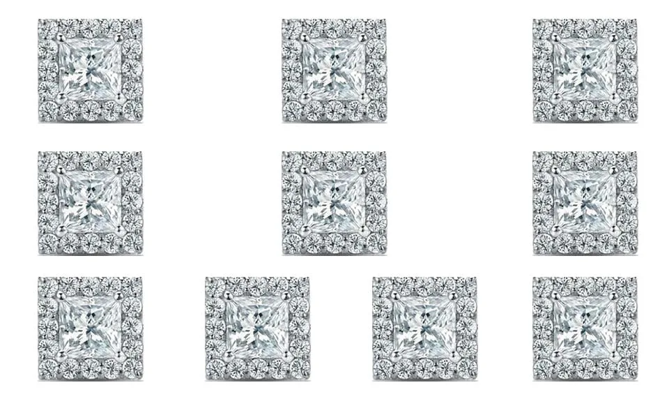 18k White Gold Plated 4mm 1/2Ct Princess Cut White Sapphire Set of Five Halo Stud Earrings