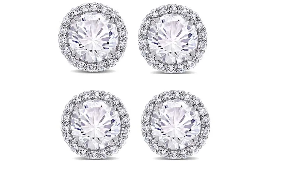 18k White Gold Plated 4mm 2Ct Round White Sapphire Set of Two Halo Stud Earrings