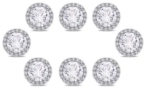 18k White Gold Plated 4mm 4Ct Round White Sapphire Set of Four Halo Stud Earrings