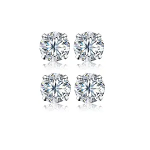 18k White Gold Plated 6mm 1Ct Round White Sapphire Set Of Two Stud Earrings