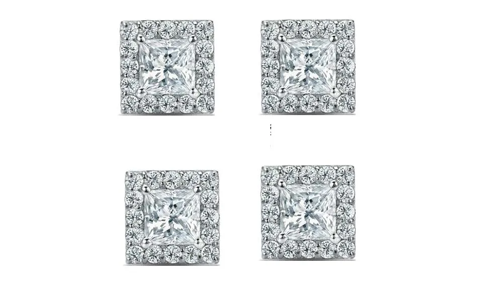 18k White Gold Plated 6mm 4Ct Princess Cut White Sapphire Set of Two Halo Stud Earrings