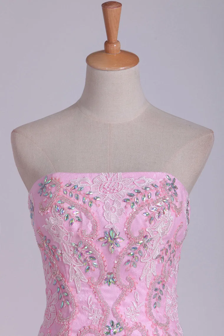 2024 Column Strapless With Beading And Applique Prom Dresses Sweep Train