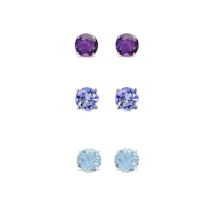 24k White Gold Plated 2Ct Created Amethyst, Tanzanite and Aquamarine 3 Pair Round Stud Earrings