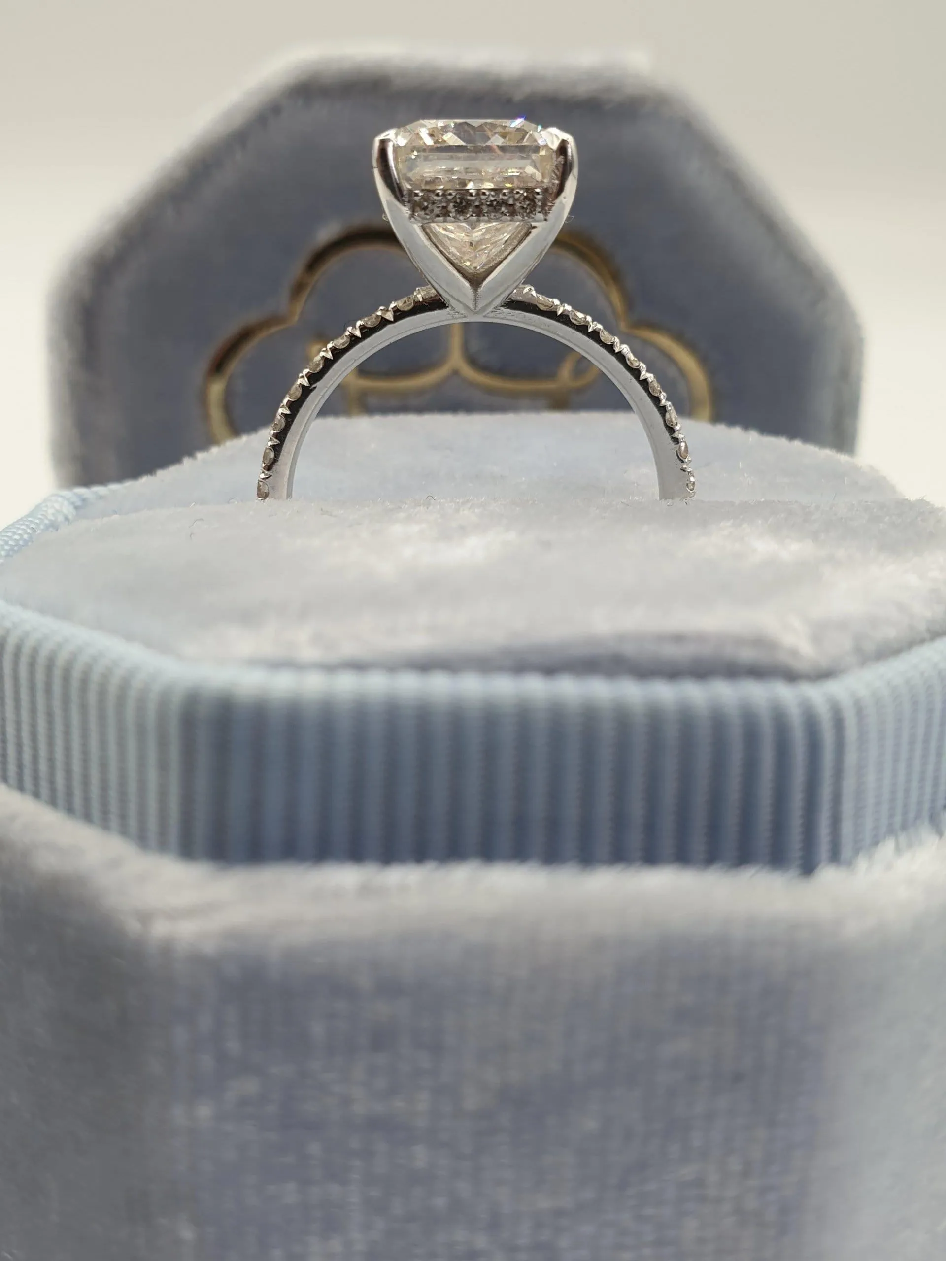 3.40 Carats Radiant Cut Micropave Side Stones Hidden Halo Diamond Engagement Ring