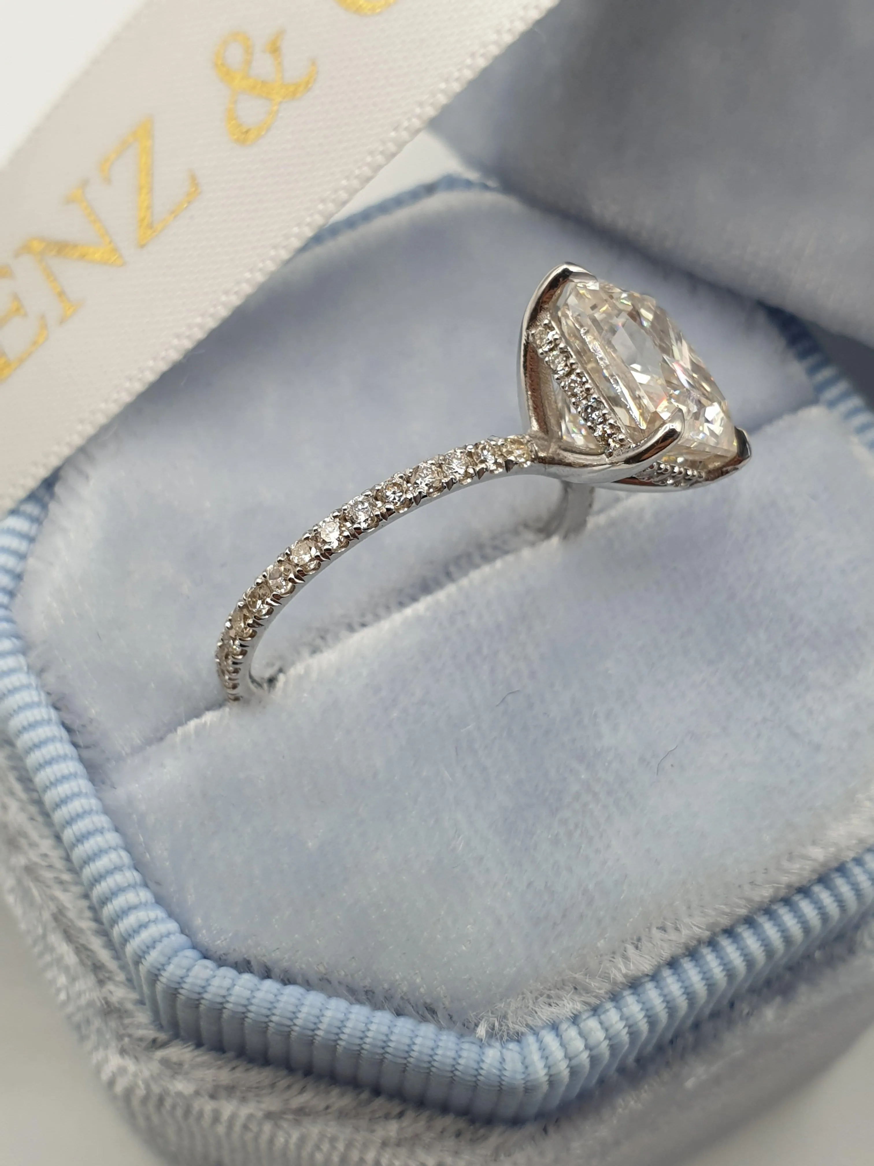 3.40 Carats Radiant Cut Micropave Side Stones Hidden Halo Diamond Engagement Ring