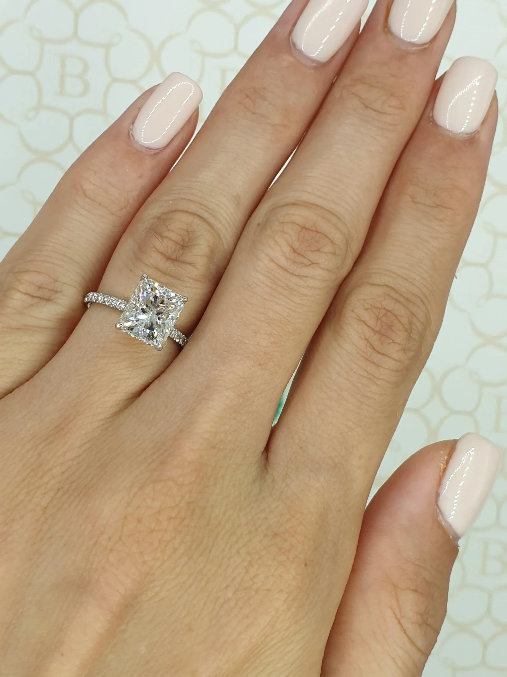 3.40 Carats Radiant Cut Micropave Side Stones Hidden Halo Diamond Engagement Ring