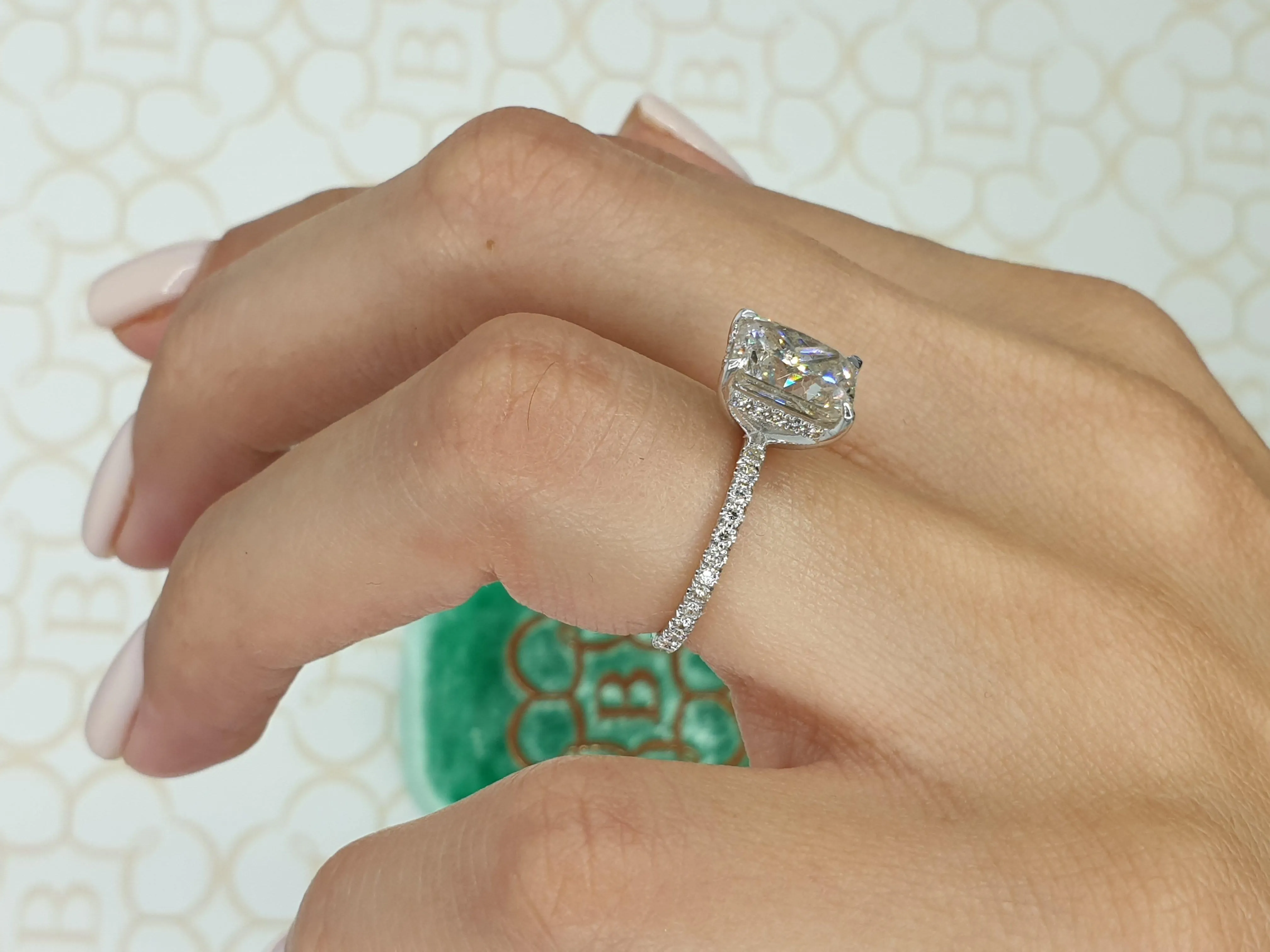 3.40 Carats Radiant Cut Micropave Side Stones Hidden Halo Diamond Engagement Ring