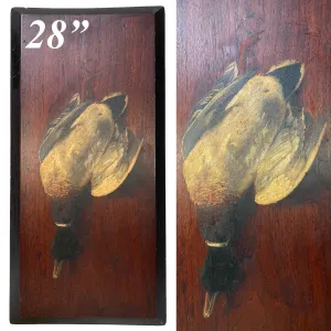 Antique French Oil Painting on 28" Board, "Nature Morte" or Nature Still Life w Mallard Duck