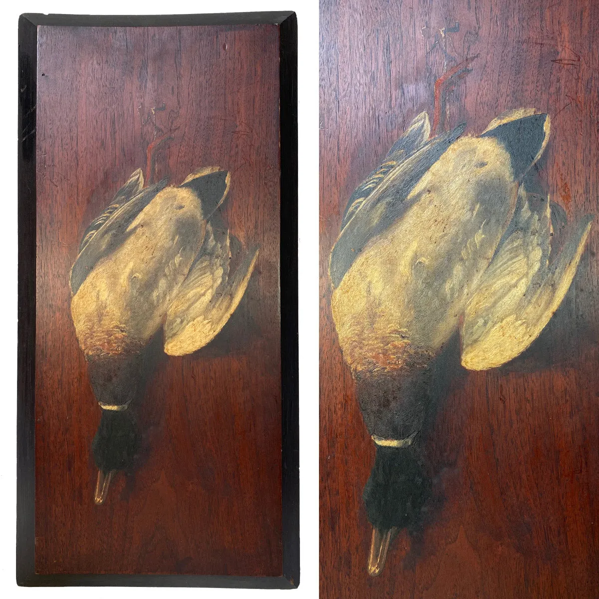 Antique French Oil Painting on 28" Board, "Nature Morte" or Nature Still Life w Mallard Duck