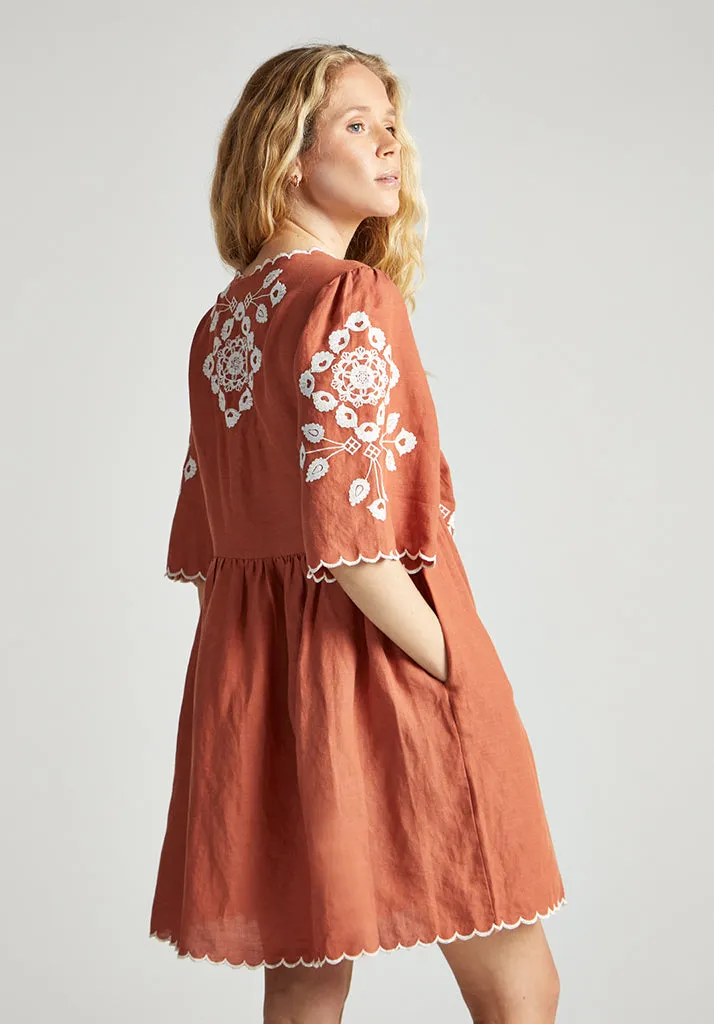 Arabella V- Neck Embroidered Mini Dress In Brown
