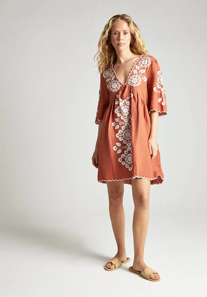 Arabella V- Neck Embroidered Mini Dress In Brown