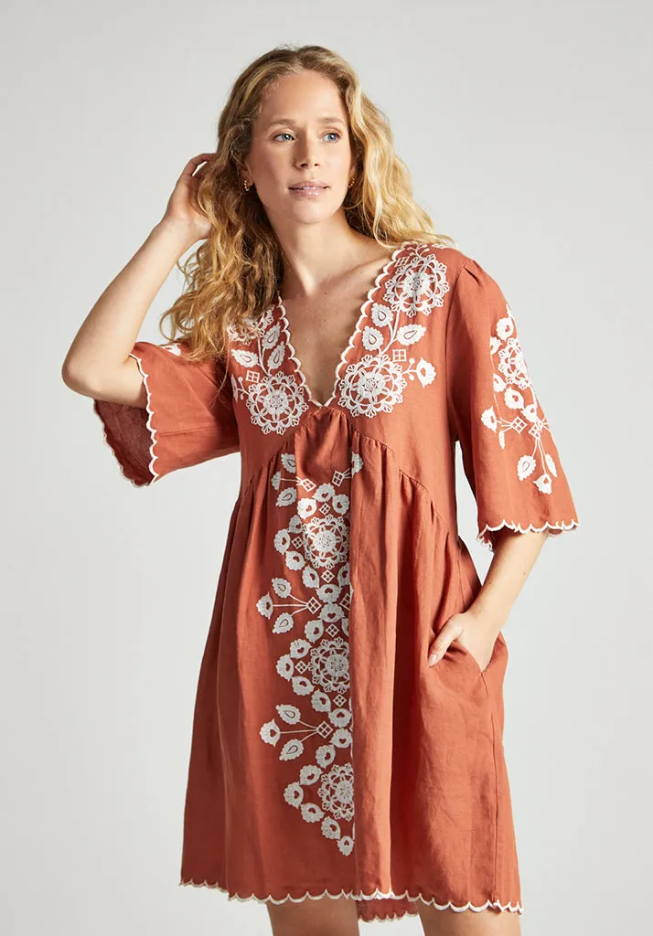 Arabella V- Neck Embroidered Mini Dress In Brown