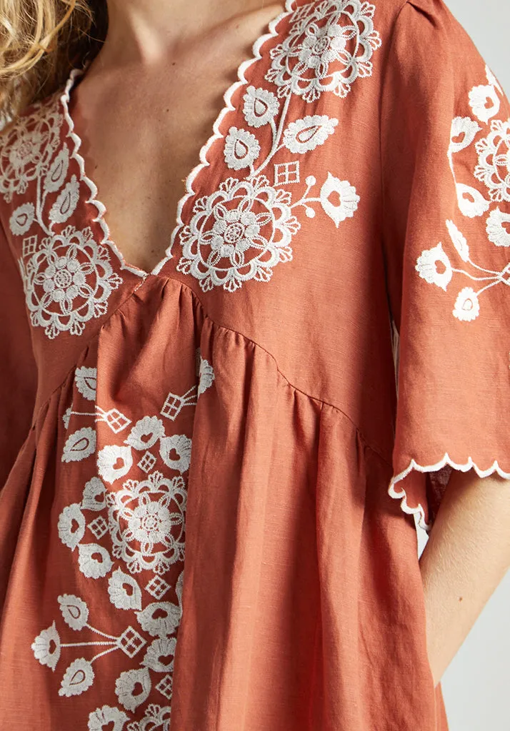 Arabella V- Neck Embroidered Mini Dress In Brown