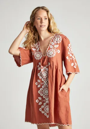 Arabella V- Neck Embroidered Mini Dress In Brown