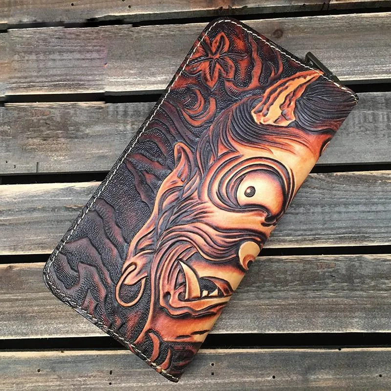 Black Handmade Buddha Leather Long Wallet Zipper Wallet Clutch Wallet For Men