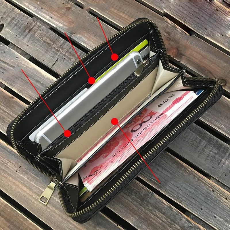 Black Handmade Buddha Leather Long Wallet Zipper Wallet Clutch Wallet For Men