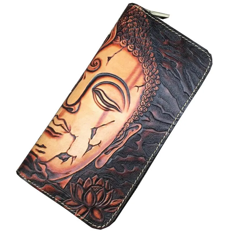Black Handmade Buddha Leather Long Wallet Zipper Wallet Clutch Wallet For Men