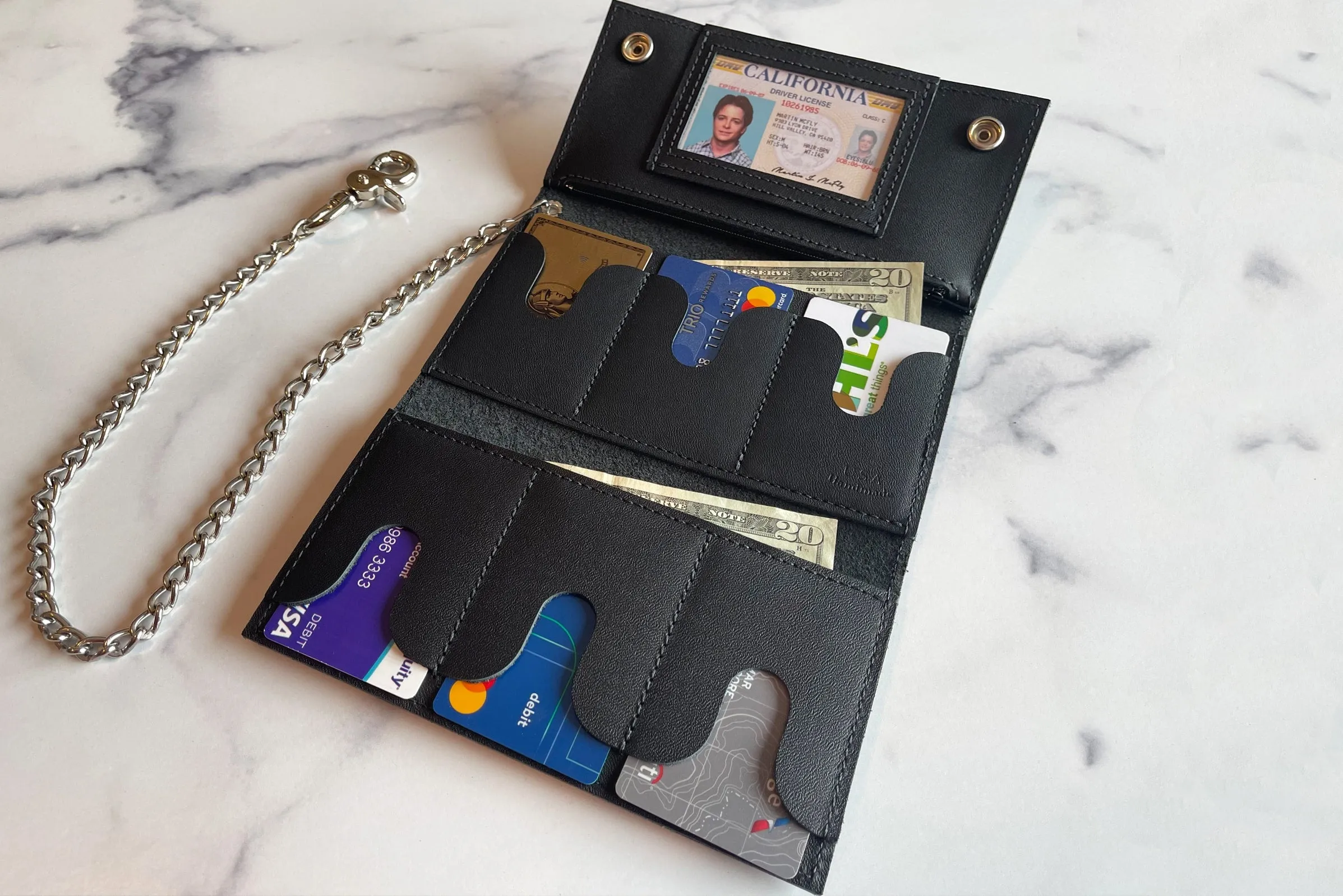 Black Premium Leather Biker Chain Wallet With ID Window (Large 7.38" x 4.25")
